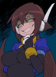 Rule 34 | 1girl, absurdres, aile (mega man zx), black bodysuit, blue background, blue jacket, blush, bodysuit, bodysuit under clothes, breasts, brown hair, buzzlyears, cropped jacket, glowing, glowing eyes, green eyes, hand on own chin, highres, jacket, large breasts, long hair, looking up, mechanical arms, mega man (series), mega man zx, mega man zx advent, open clothes, open jacket, partially shaded face, ponytail, sharp teeth, short sleeves, smirk, smug, solo, teeth, upper body