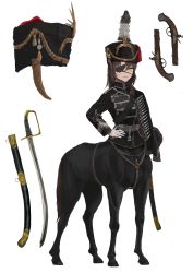 Rule 34 | 1girl, absurdres, animal ears, black cape, black hat, black jacket, breasts, brown hair, cape, centaur, commentary request, eyepatch, full body, fur-trimmed cape, fur trim, gun, hair between eyes, hand on own hip, hat, hat feather, highres, horse tail, jacket, long hair, long sleeves, looking at viewer, medium breasts, military, military hat, military jacket, monster girl, multiple legs, original, parted lips, sheath, sidelocks, simple background, solo, standing, sword, tail, taur, unsheathed, weapon, white background, yellow eyes, zhayoulu