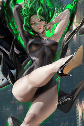 Rule 34 | 1girl, 2021, alternate breast size, artist name, banned artist, black dress, black footwear, breasts, dated, dress, female focus, floating, floating hair, green eyes, green hair, high heels, looking at viewer, matching hair/eyes, medium breasts, one-punch man, parted lips, short hair, signature, solo, tatsumaki, taut clothes, taut dress, toy block, zumi (zumidraws)