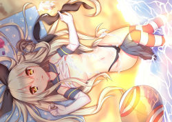 Rule 34 | 10s, 1girl, anchor hair ornament, bad id, bad pixiv id, ball, beach, beachball, blonde hair, breasts, censored, convenient censoring, covered erect nipples, elbow gloves, food, gloves, groin, hair ornament, kantai collection, looking at viewer, lying, navel, no bra, ocean, parted lips, pleated skirt, popsicle, school uniform, serafuku, sexually suggestive, shade, shimakaze (kancolle), skirt, small breasts, solo, sora 72-iro, striped clothes, striped thighhighs, thighhighs, thong, white gloves, yellow eyes