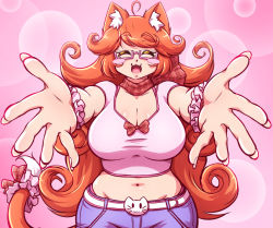 Rule 34 | 1girl, :3, animal ears, belt, blush stickers, breasts, cat ears, cat tail, cleavage, curly hair, denim, closed eyes, fangs, glasses, imminent hug, jeans, large breasts, long hair, mazume, nail, natalie (mazume), navel, neck ribbon, open mouth, orange hair, original, pants, pink background, ribbon, semi-rimless eyewear, smile, solo, tail
