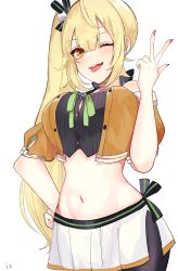 Rule 34 | 1girl, :3, ;p, bad id, bad twitter id, black pantyhose, blonde hair, breasts, brown eyes, camisole, cat hair ornament, cosplay, hair ornament, hair ribbon, hand on own hip, highres, hololive, hoshikawa sara, large breasts, long hair, looking at viewer, applying manicure, midriff, muimui oioi, natsuiro matsuri, natsuiro matsuri (1st costume), natsuiro matsuri (cosplay), navel, nijisanji, one eye closed, pantyhose, pinstripe camisole, pinstripe pattern, ribbon, short sleeves, side ponytail, side slit, simple background, skirt, smile, solo, striped, tongue, tongue out, virtual youtuber