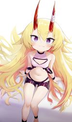 Rule 34 | 1girl, :3, absurdres, ankleband, bike shorts, blonde hair, blush, cleavage cutout, clothing cutout, fang, flat chest, from above, halterneck, halterneck, highres, horns, long hair, looking at viewer, looking up, navel, original, pg (pege544), purple eyes, red horns, short eyebrows, sitting, slit pupils, solo, stomach, thick eyebrows, very long hair, wristband