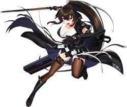 Rule 34 | 1girl, absurdly long hair, awakened yoo mina (counter:side), black gloves, boots, breasts, choker, cleavage, counter:side, full body, gloves, highres, holding, holding sword, holding weapon, large breasts, long hair, looking at viewer, medium breasts, official art, ponytail, purple eyes, simple background, solo, sword, tachi-e, thighhighs, transparent background, very long hair, weapon, yoo mina