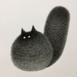Rule 34 | animal, animal focus, cat, commentary, fluffy, grey background, greyscale, kamwei fong, looking up, monochrome, no humans, original, simple background, solo, tail raised