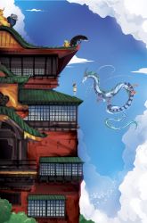 Rule 34 | architecture, bathhouse, blue sky, commentary, day, dragon, east asian architecture, eastern dragon, english commentary, haku (sen to chihiro no kamikakushi), highres, justin currie (chasingartwork), kaonashi, long nose, ogino chihiro, old, old woman, sen to chihiro no kamikakushi, shikigami, size difference, sky, yubaba