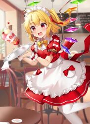 Rule 34 | 1girl, accident, ahoge, alternate costume, apron, blonde hair, blurry, blurry background, blush, bow, cafe, commentary, crossed bangs, crystal, enmaided, fang, feet out of frame, flandre scarlet, floating hair, frilled apron, frilled wrist cuffs, frills, hair between eyes, hands up, highres, holding, holding tray, indoors, maid, maid headdress, medium hair, one side up, open mouth, pantyhose, puffy short sleeves, puffy sleeves, red eyes, red shirt, red skirt, ruhika, shirt, short sleeves, skirt, solo, standing, standing on one leg, strawberry parfait, surprised, sweatdrop, touhou, tray, waist apron, waitress, white apron, white pantyhose, wide-eyed, wings, wrist cuffs, yellow bow