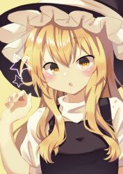 Rule 34 | 1girl, absurdres, black hat, black vest, blonde hair, blush, commentary request, hair between eyes, hand up, hat, highres, kirisame marisa, long hair, looking at viewer, open mouth, puffy short sleeves, puffy sleeves, seika okawari, shirt, short sleeves, sidelocks, simple background, solo, star (symbol), touhou, turtleneck, upper body, vest, white shirt, witch hat, yellow background, yellow eyes