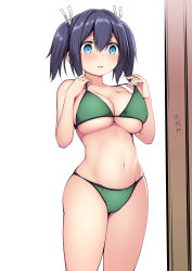 Rule 34 | 1girl, absurdres, bikini, black hair, blue eyes, blush, breasts, cleavage, commentary request, cowboy shot, green bikini, hair ribbon, highres, kantai collection, kuromayu, large breasts, looking at mirror, mirror, navel, ribbon, simple background, solo, souryuu (kancolle), standing, surprised, swimsuit, twintails, underboob, white background