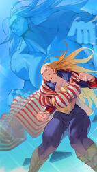 Rule 34 | 1girl, absurdres, aircraft, airplane, american flag, american flag print, blonde hair, blue pants, blue sky, boku no hero academia, boots, breasts, cape, clenched hand, collarbone, commentary, day, english commentary, fighter jet, flag print, forehead, highres, jet, koyap, large breasts, long hair, long sleeves, military vehicle, muscular, muscular female, outdoors, pants, sky, smile, solo, standing, star and stripe (boku no hero academia), teeth, yellow eyes