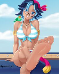 Rule 34 | 1girl, absurdres, animal, animal on shoulder, arm support, armlet, artist name, bandana, bare legs, bare shoulders, barefoot, bikini, bird, bird on shoulder, blue bikini, blue eyes, blue hair, blue nails, breasts, cleavage, cloud, collarbone, crossed legs, crush crush, feet, feet up, female focus, foot focus, foot out of frame, foreshortening, front-tie top, glasses, grin, head tilt, highres, jewelry, kira (crush crush), large breasts, lips, midriff, multicolored hair, nail polish, navel, necklace, outdoors, paravet, parrot, pink bandana, rectangular eyewear, semi-rimless eyewear, short hair, sitting, sky, smile, soles, solo, striped bikini, striped clothes, swimsuit, teeth, toenail polish, toenails, toes, tooth necklace, twitter username, two-tone hair