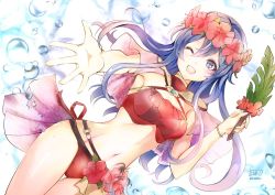 Rule 34 | atoatto, bikini, blue eyes, blue hair, blush, fire emblem, fire emblem: the binding blade, fire emblem heroes, flower, lilina (fire emblem), lilina (summer) (fire emblem), long hair, looking at viewer, navel, nintendo, one eye closed, open mouth, smile, solo, swimsuit