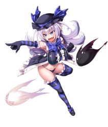 Rule 34 | 1girl, 2others, :3, asahi, bat wings, blue eyes, breasts, creature, curvy, fangs, female focus, full body, gloves, hat, highres, jumping, kuro (taimanin series), large breasts, lilith-soft, long hair, miriam (taimanin asagi), multiple others, navel, open mouth, pointy ears, shiny skin, shiro (taimanin series), smile, solo, taimanin (series), taimanin asagi, taimanin rpgx, thong, white hair, wings
