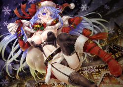 Rule 34 | 1girl, bell, belt, black thighhighs, blue eyes, blue hair, blush, boots, breasts, buckle, building, city, corset, elbow gloves, fur trim, garter straps, gloves, hat, holding, jingle bell, large breasts, long hair, matching hair/eyes, night, original, pandaraion (kanikani2950), parted lips, red footwear, red gloves, sack, santa hat, smile, snowflakes, solo, thighhighs