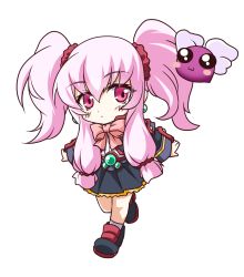 Rule 34 | 1990s (style), 1girl, akihabara dennou gumi, artist request, chibi, earrings, expressionless, female focus, highres, jewelry, long hair, ootorii tsubame, petit ange, pink hair, purple eyes, ribbon, school uniform, shoes, skirt, solo, twintails, walking
