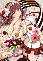 Rule 34 | 1girl, 2016, ass, breasts, brown hair, cherry, chocolate, cookie, flower, food, food-themed hair ornament, fruit, hair ornament, hairband, long hair, looking at viewer, looking back, medium breasts, new year, ninomoto, original, pastry, personification, pink eyes, sideboob, smile, solo, thighhighs, whipped cream