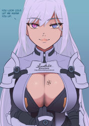 Rule 34 | 1girl, armor, artist name, black gloves, black shirt, blue background, blue eyes, breast tattoo, breasts, cleavage, closed mouth, clothes pull, covered collarbone, doktor malefic, english text, ethel (xenoblade), female focus, gloves, gradient background, gumroad username, happy, heart, heart in eye, highres, large breasts, long hair, long sleeves, pulled by self, purple hair, red pupils, shiny skin, shirt, shirt pull, shoulder armor, sidelocks, signature, simple background, smile, solo, split mouth, standing, straight-on, symbol in eye, talking, tattoo, twitter username, upper body, vambraces, watermark, web address, xenoblade chronicles (series), xenoblade chronicles 3