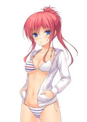 Rule 34 | 1girl, absurdres, bad id, bad pixiv id, bikini, blue eyes, blush, collarbone, cowboy shot, hands in pockets, highres, hood, hoodie, long hair, mouth hold, original, ponytail, red hair, side-tie bikini bottom, simple background, solo, striped bikini, striped clothes, swimsuit, tiphereth, white background
