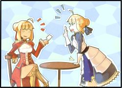 Rule 34 | 10s, 2girls, ahoge, arguing, armor, armored dress, artoria pendragon (all), artoria pendragon (fate), blonde hair, braid, breastplate, breasts, cleavage, cleavage cutout, clothing cutout, crossed arms, epaulettes, fate/extra, fate/stay night, fate (series), faulds, french braid, gloves, greaves, green eyes, hair bun, hair ribbon, multiple girls, nero claudius (fate), nero claudius (fate) (all), nero claudius (fate/extra), ribbon, saber (fate), showgirl skirt, single hair bun, sitting, table, tthal
