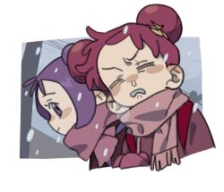 Rule 34 | 2girls, closed eyes, closed mouth, coat, cold, commentary request, cropped torso, dayama, double bun, fortissimo, hair bun, hair ornament, harukaze doremi, highres, multiple girls, musical note, musical note hair ornament, ojamajo doremi, open mouth, outdoors, pink hair, pink scarf, purple eyes, purple hair, scarf, segawa onpu, short hair, snot, snowing, upper body, winter