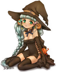 Rule 34 | 1girl, black thighhighs, braid, goat horns, green eyes, hat, horns, kiro (an kilo), kiro (pixiv), livly, livly island, long hair, looking at viewer, personification, sheep horns, silver hair, single braid, sitting, solo, thighhighs, wariza, white background, witch hat