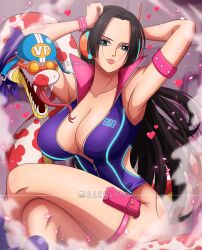 Rule 34 | 1girl, absurdres, alternate costume, armpits, arms up, black hair, blue eyes, boa hancock, breasts, cleavage, closed mouth, commentary, english commentary, goggles, headset, heart, highres, large breasts, leotard, lips, long hair, one piece, rakara11, rakara11 (rakkarts), salome (one piece), sitting, snake, thighs, very long hair, zipper