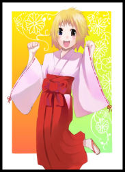 Rule 34 | 1girl, blonde hair, hakama, hakama skirt, heterochromia, japanese clothes, miko, original, palmeros, red hakama, skirt, solo