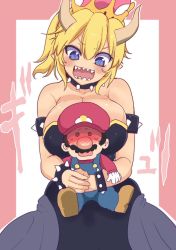 Rule 34 | 1boy, 1girl, armlet, black dress, blue eyes, blush, borrowed design, bowsette, bracelet, breasts, choker, cool-kyou shinja, crown, dress, facial hair, highres, horns, hug, hug from behind, jewelry, large breasts, looking at another, mario, mario (series), mini crown, mustache, new super mario bros. u deluxe, nintendo, open mouth, pointy ears, sharp teeth, slit pupils, spiked armlet, spiked bracelet, spiked choker, spikes, super crown, teeth