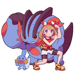 Rule 34 | 1girl, bare arms, bear ringer, bike shorts, blush, bow hairband, brown hair, closed mouth, commentary request, creatures (company), eyelashes, fanny pack, flexing, game freak, gen 3 pokemon, grey eyes, hairband, heart, heart in mouth, highres, may (pokemon), mudkip, nintendo, pokemon, pokemon (creature), pokemon oras, red hairband, red shirt, shirt, shoes, shorts, sleeveless, sleeveless shirt, squatting, swampert, white shorts, yellow bag