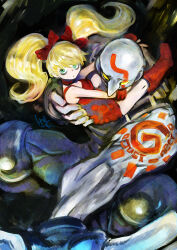 Rule 34 | 1boy, 1girl, aqua eyes, bare shoulders, blonde hair, boots, bow, carrying, carrying person, doraeshi, dress, effie (street fighter), hair bow, highres, knee boots, long hair, necro (street fighter), red bow, red dress, red footwear, short dress, street fighter, street fighter iii (series), twintails