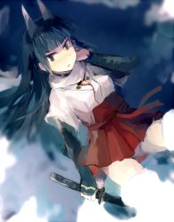 Rule 34 | 1girl, anabuki tomoko, animal ears, black hair, blunt bangs, cloud, flying, grey eyes, hakama, hakama short skirt, hakama skirt, haori, holding, holding sword, holding weapon, japanese clothes, katana, lens flare, long hair, nontraditional miko, ohashi (hashidate), outdoors, panties, pantyshot, pink panties, pleated skirt, red skirt, scarf, skirt, sky, solo, strike witches, strike witches: suomus misfits squadron, striker unit, sword, underwear, upskirt, weapon, white scarf, world witches series
