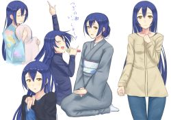 Rule 34 | 1girl, aged up, ata (egalite), bad id, bad pixiv id, blue hair, blush, closed eyes, commentary request, hair between eyes, hair bun, japanese clothes, kimono, long hair, looking at viewer, love live!, microphone, multiple persona, music, musical note, open mouth, seiza, simple background, singing, single hair bun, sitting, smile, sonoda umi, white background, yellow eyes