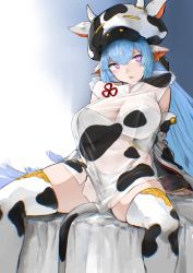 Rule 34 | 1girl, absurdres, animal ears, animal print, blue hair, breasts, catura (granblue fantasy), cleavage, cow ears, cow hood, cow print, cow print sleeves, cow tail, detached sleeves, draph, earrings, granblue fantasy, highres, jewelry, large breasts, long hair, looking to the side, navel, panties, procreate (medium), purple eyes, rowkiba, see-through, shorts, sitting, solo, tail, thighhighs, underwear, white panties, white shorts, white thighhighs