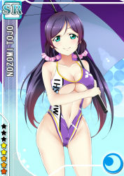 Rule 34 | 1girl, bare shoulders, bikini, black hair, blush, breasts, card (medium), character name, cleavage, clothing cutout, green eyes, large breasts, leotard, long hair, love live!, love live! school idol festival, love live! school idol project, mitsubishi, mitsubishi motors, navel, navel cutout, one-piece swimsuit, parody, purple hair, qiuzhi huiyi, race queen, smile, solo, standing, swimsuit, tojo nozomi, twintails, umbrella, underboob