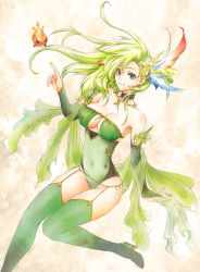 Rule 34 | 1990s (style), 1girl, bare shoulders, boots, breasts, bridal gauntlets, choker, cleavage, cleavage cutout, clothing cutout, detached sleeves, earrings, final fantasy, final fantasy iv, fire, garter straps, green eyes, green footwear, green hair, green thighhighs, hair ornament, highres, jewelry, legs, leotard, long hair, long legs, matching hair/eyes, medium breasts, aged up, retro artstyle, rydia (ff4), sash, solo, tachibana chata, thighhighs, thighs