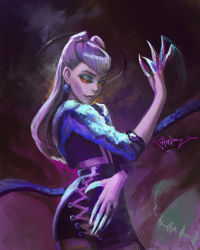 Rule 34 | 1girl, claws, craser, cropped jacket, demon girl, earrings, evelynn (league of legends), garter straps, glowing, glowing eyes, highres, jewelry, kneehighs, league of legends, long hair, looking at viewer, makeup, open clothes, silver hair, skirt, socks, the baddest evelynn, yellow eyes