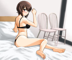 Rule 34 | 1girl, ass, back, barefoot, bed, black bra, black panties, blurry, blurry background, blush, bra, breasts, brown eyes, brown hair, chair, closed mouth, commentary request, depth of field, from side, frown, girls und panzer, hand in own hair, legs, looking at viewer, looking back, medium breasts, nishizumi maho, on bed, oosaka kanagawa, panties, partial commentary, short hair, sitting, solo, studio, thong, underwear, underwear only