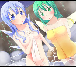 Rule 34 | 2girls, :p, aged up, blue eyes, blue hair, blush, breasts, bucket, chestnut mouth, cirno, covering privates, daiyousei, fairy wings, green eyes, green hair, hair censor, hair over breasts, highres, ice, ice wings, long hair, makuran, multiple girls, naked towel, nude, nude cover, onsen, plant, tongue, tongue out, touhou, towel, vines, wet, wings, wooden bucket