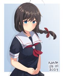 Rule 34 | 1girl, ahoge, artist name, black hair, black serafuku, blue background, blue eyes, blush, border, braid, dated, hair ribbon, highres, kantai collection, looking at viewer, neckerchief, nnm, red neckerchief, red ribbon, ribbon, school uniform, serafuku, shigure (kancolle), short sleeves, simple background, smile, solo, upper body, white border