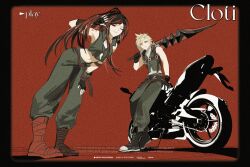 Rule 34 | 1boy, 1girl, absurdres, black hair, cloud strife, cloud strife (zidane&#039;s outfit), cosplay, crop top, dreadlocks, duoj ji, final fantasy, final fantasy ix, final fantasy vii, final fantasy vii ever crisis, fingerless gloves, gloves, highres, leaning forward, motor vehicle, motorcycle, multicolored hair, official alternate costume, official alternate hairstyle, over shoulder, red background, red hair, salamander coral, salamander coral (cosplay), sleeveless, smile, sword, tifa lockhart, tifa lockhart (amarant&#039;s guise), two-tone hair, weapon, weapon over shoulder, zidane tribal, zidane tribal (cosplay)