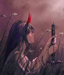Rule 34 | 1girl, absurdres, acheron (honkai: star rail), arms up, blood, bloody tears, crying, crying with eyes open, grass, highres, holding, holding sword, holding weapon, honkai: star rail, honkai (series), horns, japanese clothes, long hair, looking up, luxearte, profile, purple hair, red horns, solo, sword, tears, upper body, weapon