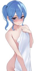 Rule 34 | 1girl, armpit crease, blue eyes, blue hair, blush, breasts, closed mouth, cowboy shot, fawny, groin, hair between eyes, hair ornament, highres, holding, holding towel, hololive, hoshimachi suisei, looking at viewer, medium breasts, modesty cover, naked towel, shaded face, short hair, side ponytail, sidelocks, simple background, solo, towel, virtual youtuber, white background, white towel, x hair ornament