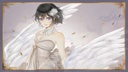 Rule 34 | 1girl, bare shoulders, black hair, blue eyes, detached collar, dress, feathers, female focus, flower, framed, gradient background, grey dress, hair flower, hair ornament, hayame (m ayame), leaf, original, smile, solo, strapless, strapless dress, upper body, wings
