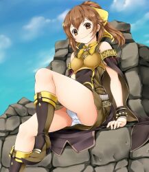 Rule 34 | 1girl, ashita yaru, black cape, black footwear, blue sky, boots, bow, bracelet, breasts, brown cape, brown dress, brown eyes, brown footwear, brown hair, cape, closed mouth, cloud, delthea (fire emblem), dress, fire emblem, fire emblem echoes: shadows of valentia, hair between eyes, hair bow, jewelry, knee boots, nintendo, outdoors, panties, pantyshot, ponytail, short dress, short hair, sitting, sky, sleeveless, sleeveless dress, small breasts, smile, solo, thighs, two-sided fabric, two-tone cape, two-tone footwear, underwear, white panties, yellow bow