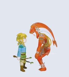 Rule 34 | 1boy, 1girl, aged down, artist name, brown footwear, brown pants, child, colored skin, fins, fish girl, from side, green shirt, highres, jewelry, link, long hair, looking at another, maruta maruta, mipha, monster girl, multicolored skin, nintendo, pants, red skin, shirt, simple background, the legend of zelda, the legend of zelda: breath of the wild, white background, zora