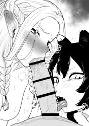 Rule 34 | 1boy, absurdres, animal ears, bar censor, black hair, blonde hair, blush, braid, breasts, cat ears, cat girl, censored, cooperative fellatio, dungeon meshi, elf, fellatio, greyscale, hair around ear, hetero, highres, izutsumi, kaiman garupan, long hair, looking at viewer, marcille donato, monochrome, multiple girls, nude, open mouth, oral, penis, pointy ears, pov, pov crotch, short hair, simple background, steaming body, sweat, white background
