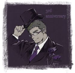 Rule 34 | 1boy, alternate costume, anniversary, formal, glasses, hat, looking at viewer, male focus, necktie, pmlial, purple theme, motoori shiro, short hair, sideburns, solo, spiked hair, suit, thick eyebrows, tokyo houkago summoners, top hat, upper body