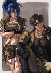 Rule 34 | 1boy, 1girl, abs, absurdres, black gloves, black hair, blue eyes, blue hair, crossed arms, eyepatch, father and daughter, gloves, green shorts, heidern, highres, jacket, leona heidern, mature male, midriff, muscular, muscular female, muscular male, open clothes, open jacket, ponytail, short hair, short sleeves, shorts, soldier, suspenders, syachiiro, the king of fighters, the king of fighters xv