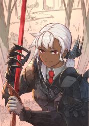 Rule 34 | 1girl, armor, breastplate, claws, closed mouth, collared shirt, dark-skinned female, dark skin, forest, full armor, gauntlets, holding, holding sword, holding weapon, looking at viewer, mole, mole under eye, nagi itsuki, nature, necktie, original, outdoors, pauldrons, red eyes, red necktie, shirt, shoulder armor, single gauntlet, smile, solo, sword, tree, weapon, white hair, white shirt, wing collar