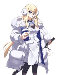 Rule 34 | 1girl, alchemy stars, alternate costume, bethlehem (alchemy stars), black pantyhose, black shirt, blonde hair, blue bow, blue bowtie, blue eyes, bow, bowtie, breasts, coat, collared shirt, cup, disposable cup, feet out of frame, fur-trimmed coat, fur trim, hair ornament, highres, holding, holding cup, holding umbrella, long hair, long sleeves, looking at viewer, medium breasts, moread, mouth hold, open clothes, open coat, pantyhose, shirt, simple background, skirt, solo, steam, striped bow, striped bowtie, striped clothes, symbol in eye, umbrella, vest, white background, white coat, white skirt, white vest, winter clothes, winter coat